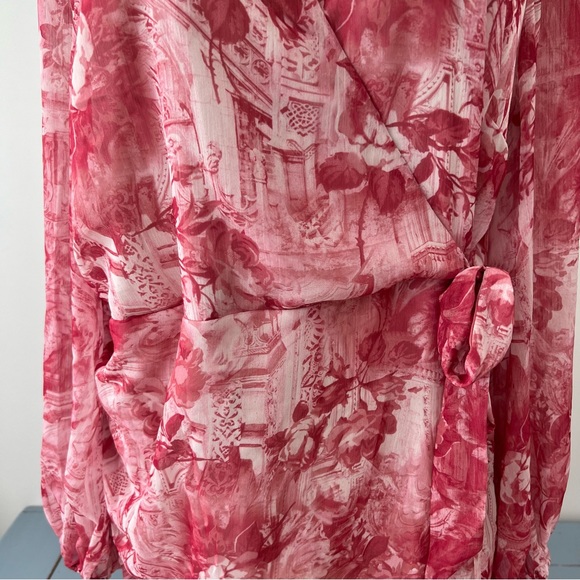 New ASOS Ruffle Chiffon Dress Sz 20 Long Sleeves Faux Wrap Toile Barbiecore - Picture 4 of 11